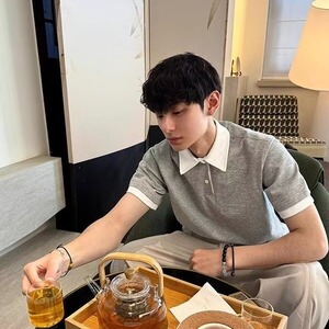 韩系穿搭假两件拼接灰色polo衫男女夏季潮牌小众设计感短袖T恤潮
