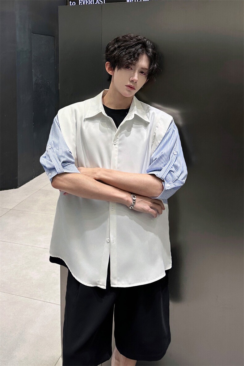 春夏新款假两件宽松拼接飞肩设计感假两件条纹短袖衬衫卫衣特P39,男装卫衣,电商B319
