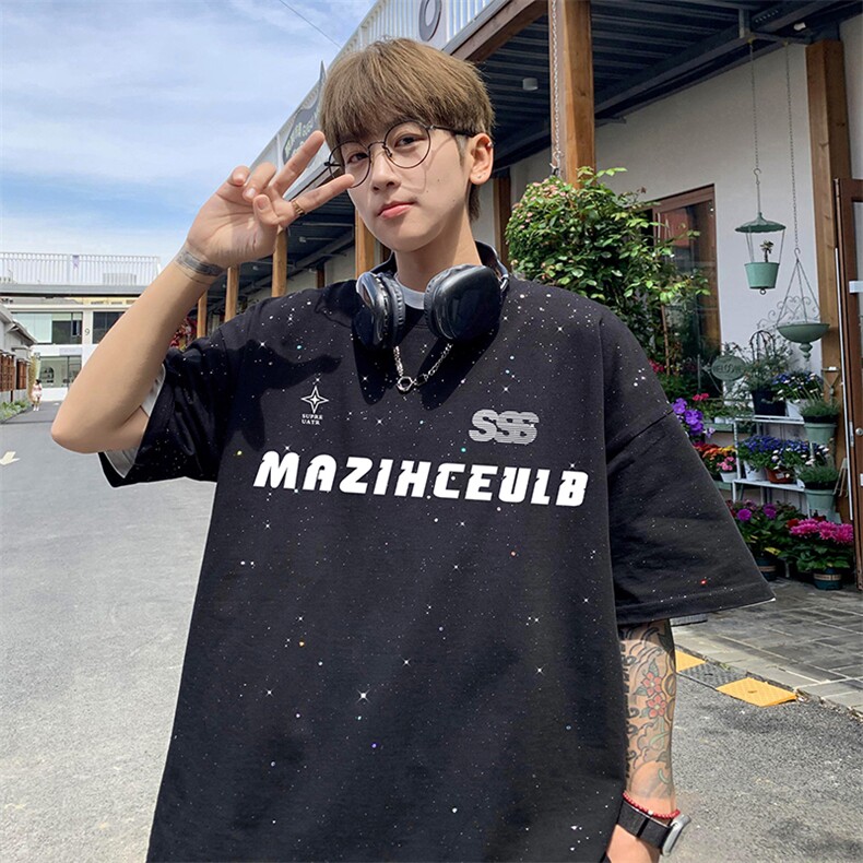 量大优供抖音视频支持得物配合二开美式满天星亮片短袖T恤MTX191,男装T恤,电商A486