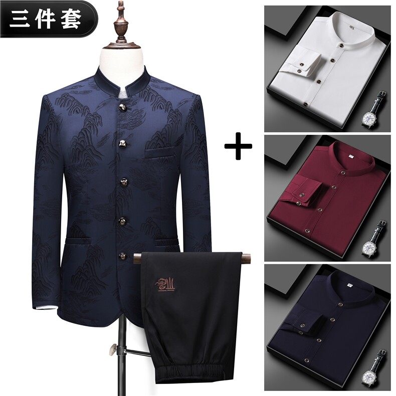 高端中山装西服三件套男士中老年风新中式休闲西服唐装套装,男装西服,钱塘723