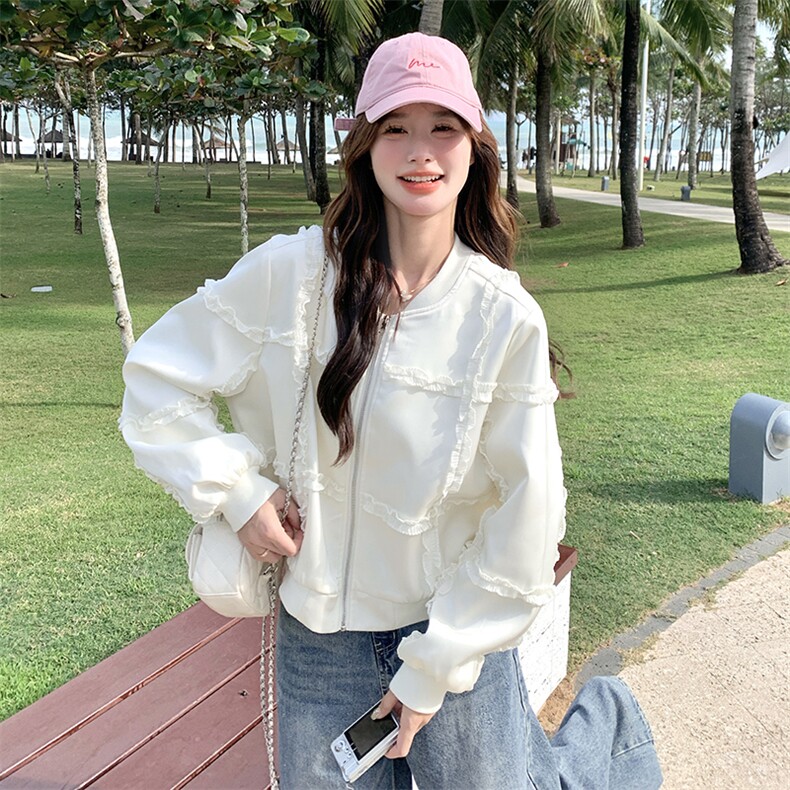 米白色设计感木耳边拼接棒球服女2025早春新款小个子休闲减龄外套图片