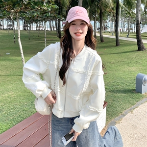 米白色设计感木耳边拼接棒球服女2025早春新款小个子休闲减龄外套图片