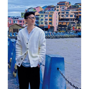 黑色开衫毛衣男女秋冬季潮牌慵懒V领针织衫外套 MY007图片