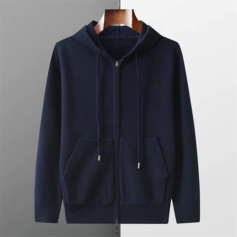 2024秋季男士新款简约百搭连帽带兜针织开衫，男装羊毛衫，江杉羊绒