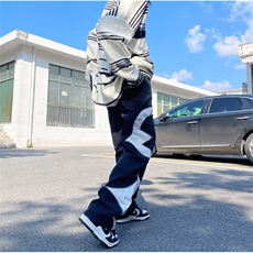 美式高街潮牌拼皮刺绣水洗牛仔裤男宽松阔腿休闲裤直筒裤P68，男装牛仔裤，四季星座218-1
