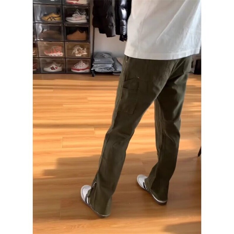 现货~军绿色修身侧拉链牛仔裤伐木裤子微喇工装裤KZ7773P65,男装牛仔裤,星座908