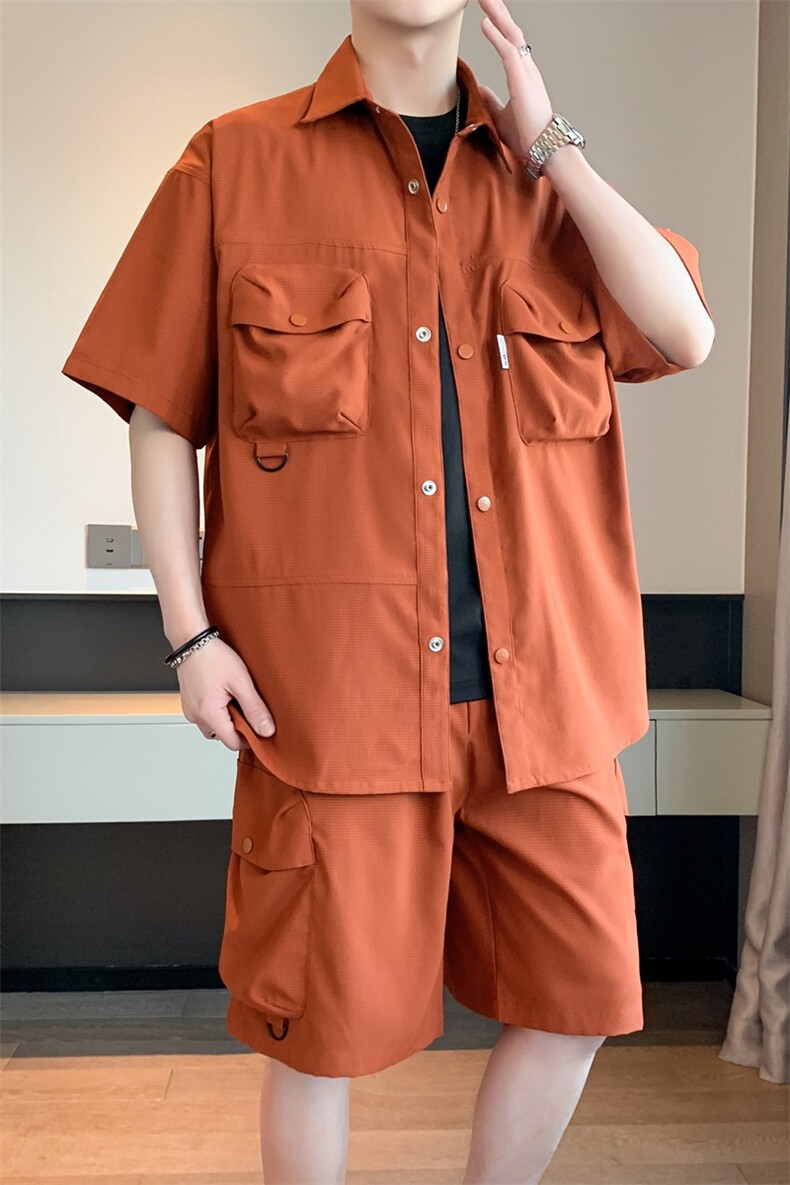 夏季短袖衬衫套装男女美式复古工装潮牌帅气两件套无性别穿搭衬衣,男装休闲套装,电商A409-1