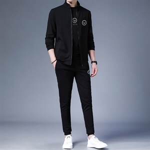 运动套装男春秋季加绒印花休闲运动服中年卫衣爸爸秋装三件套图片