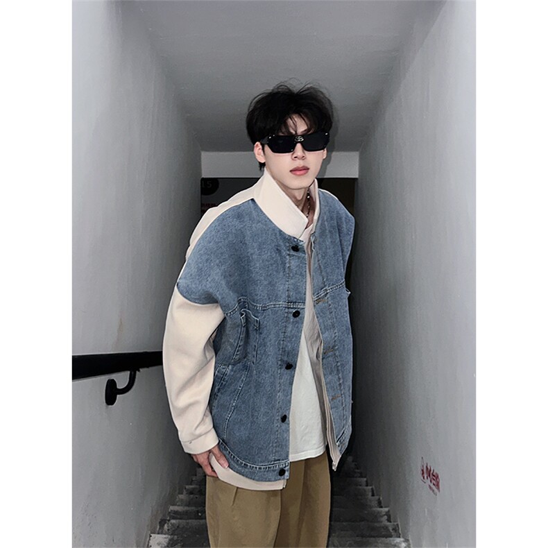 牛仔拼接夹克男秋季痞帅美式复古棒球服工装外套XZ514-2-F91-P135,男装夹克,星座514-2(原B239)