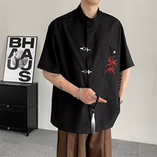 夏装中式风红色竹子刺绣立领衬衣结构口袋衬衣短袖男女大码外套，男装T恤，星座909