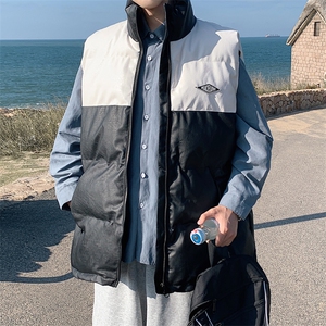 2026秋冬装羽绒棉马甲男加厚拼色立领PU皮坎肩 MJ17588/P85 白色图片