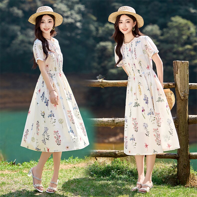 米色温柔减龄碎花连衣裙女2026夏季新款收腰显瘦气质纯棉短袖裙子,女装连衣裙,倪叶myz