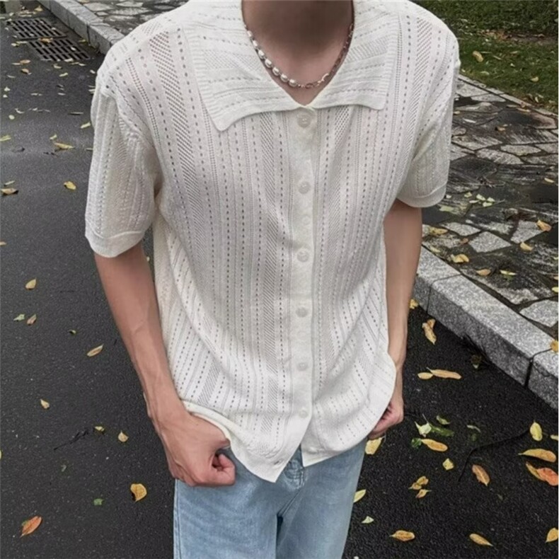 美式镂空短袖针织衫男款夏季复古慵懒风宽松休闲开衫上衣MY502图片