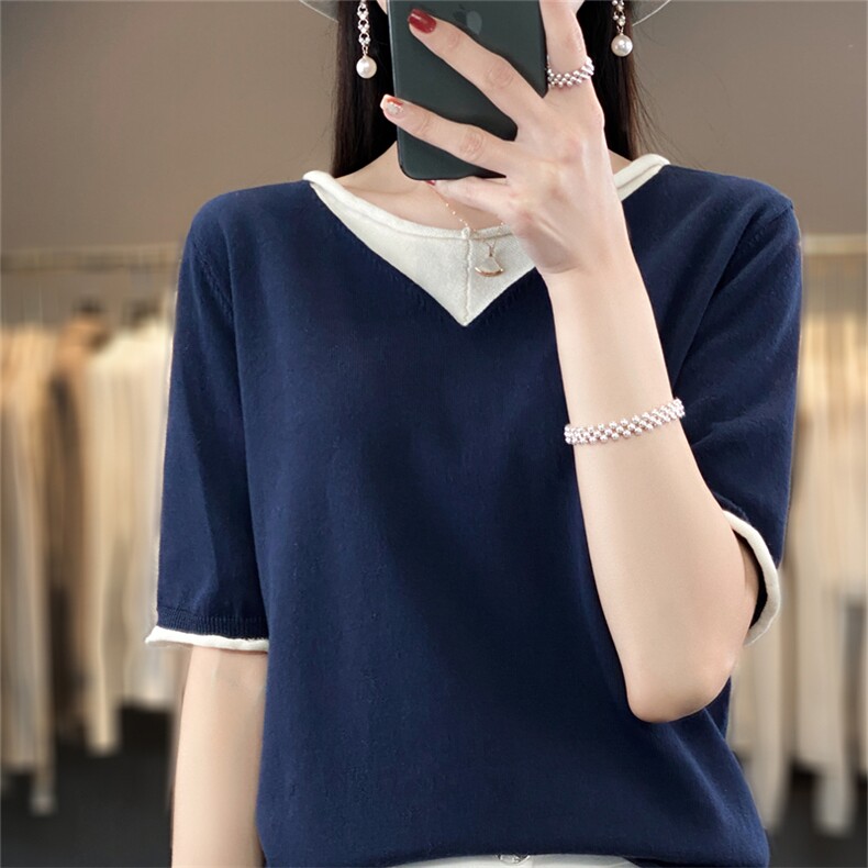 夏季新款100%纯棉拼色短袖t恤女假两件V领宽松棉麻针织衫半袖上衣,针织衫/毛衣,斯美雅电商供货