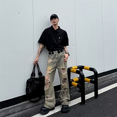 复古做旧不规则毛边牛仔裤废土高街破洞宽松水洗长裤NA233，男装牛仔裤，星座1116A-1（原606A）