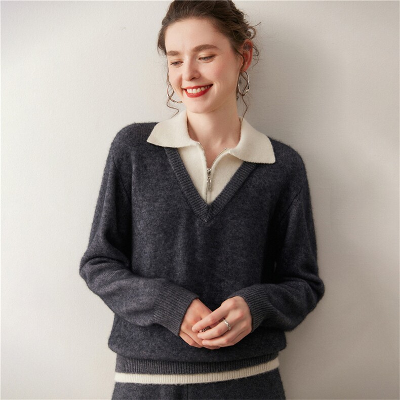 拼色翻领假两件针织套头衫时尚百搭，女装针织衫/毛衣，广悦羊绒