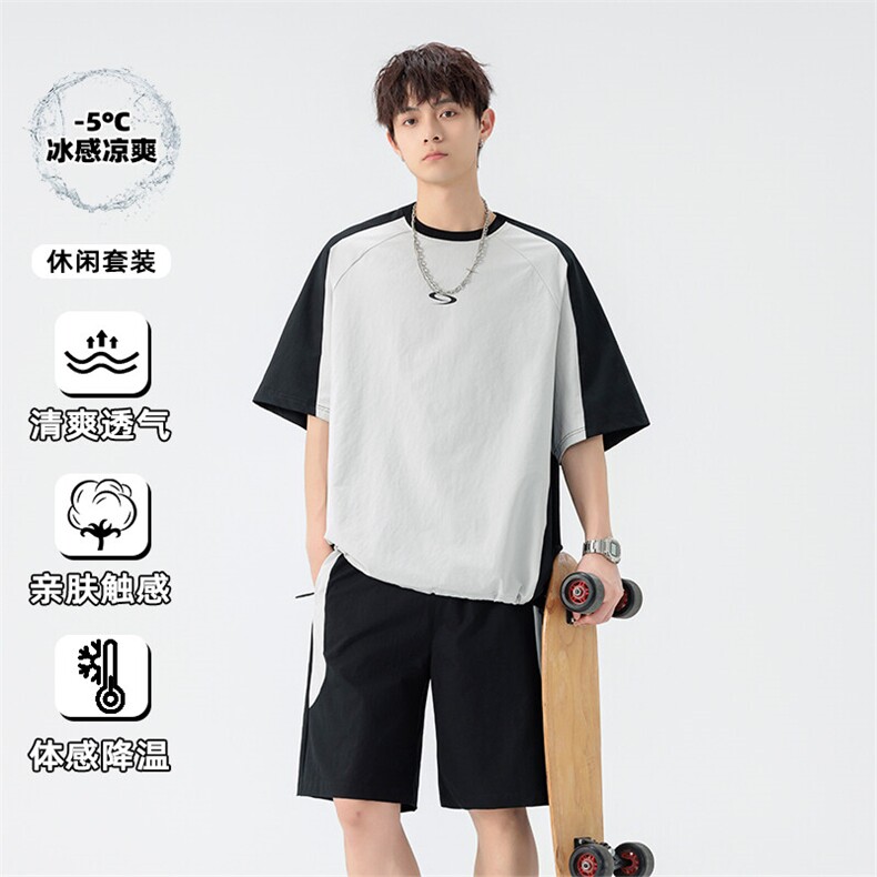 特批P55无差价2025夏季美式高街拼接撞色短袖T恤短裤套装男TZ5351,男装T恤,电商A001