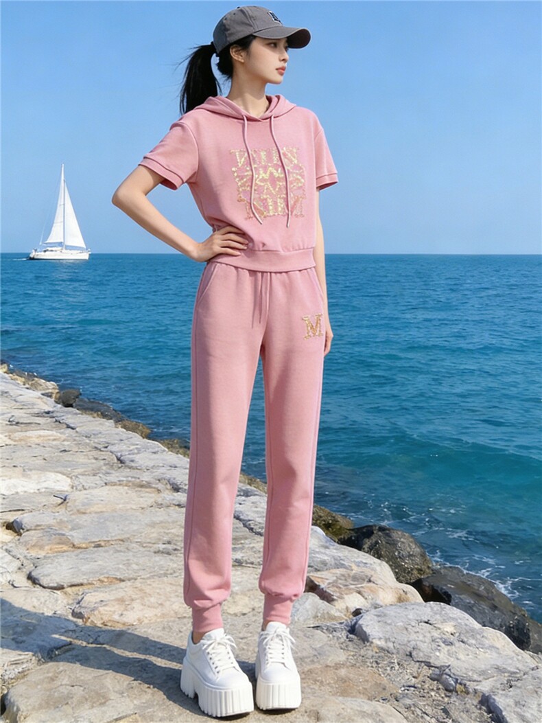 时尚减龄休闲套装女夏季新款粉色连帽短袖卫衣休闲束脚长裤两件套,女装套装/套裙,江南