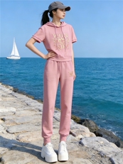 时尚减龄休闲套装女夏季新款粉色连帽短袖卫衣休闲束脚长裤两件套，女装套装/套裙，江南
