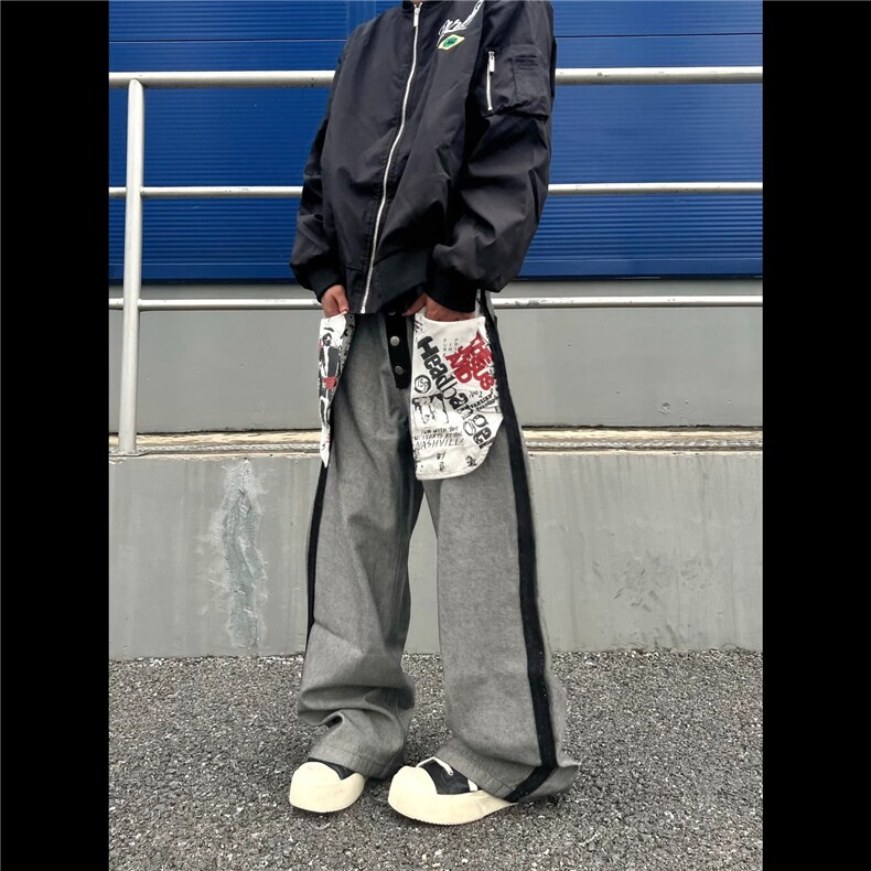 NK1007-P58 美式复古做旧大口袋印花牛仔裤男女秋季新款小众图片