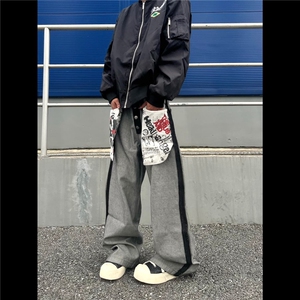 NK1007-P58 美式复古做旧大口袋印花牛仔裤男女秋季新款小众图片