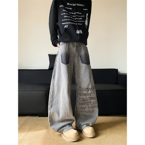 美式复古水洗字母休闲裤男女2025新款宽松百搭阔腿长裤N08125-P55图片