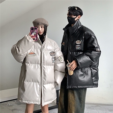23冬装新款美式复古徽章皮棉服pu情侣棉衣面包服外套男D333P118，男装棉衣，电商A335-1（原A458）