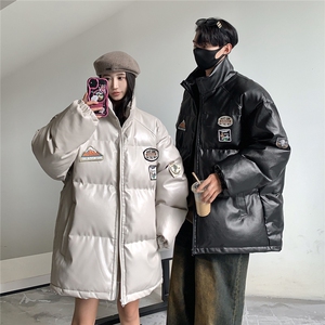 23冬装新款 美式复古徽章皮棉服pu情侣棉衣面包服外套男D333 P118图片