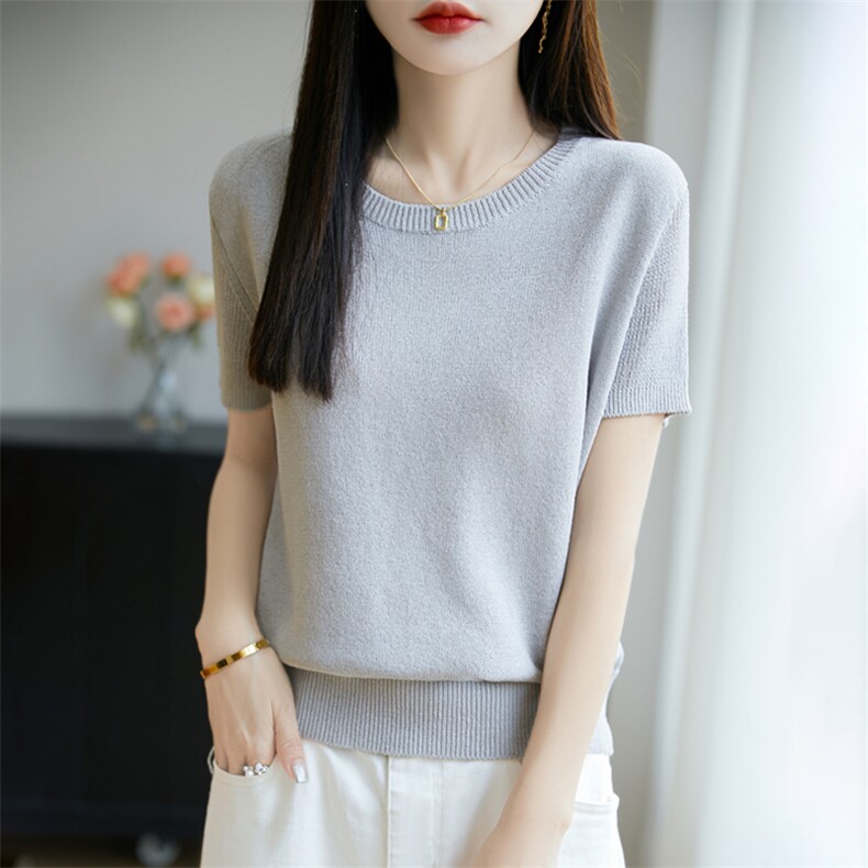 2025春夏新款圆领套头桑蚕丝短袖女纯色简约百搭亲肤透气休闲减龄，女装针织衫/毛衣，暖烁特种纱工厂店