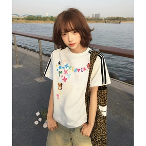 抖音得物高品质二开240克宽松纯棉美式潮牌三条杠织带短袖T恤图片