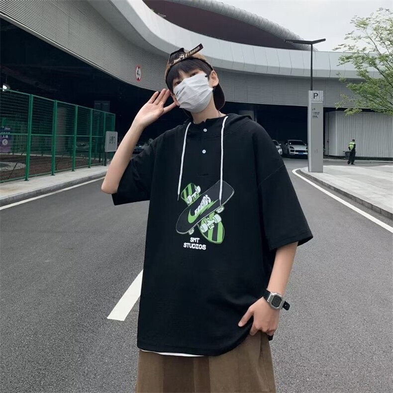 夏季新款男士冰丝连帽短袖t恤连帽男装宽松半袖潮流男孩体恤,男装T恤,星座1013