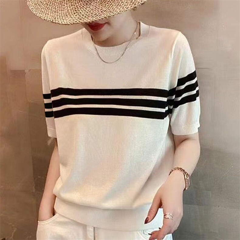 休闲舒适圆领套头打底衫夏季韩版减龄显瘦条纹冰丝针织衫短袖上衣,针织衫/毛衣,萱芳婷羊绒