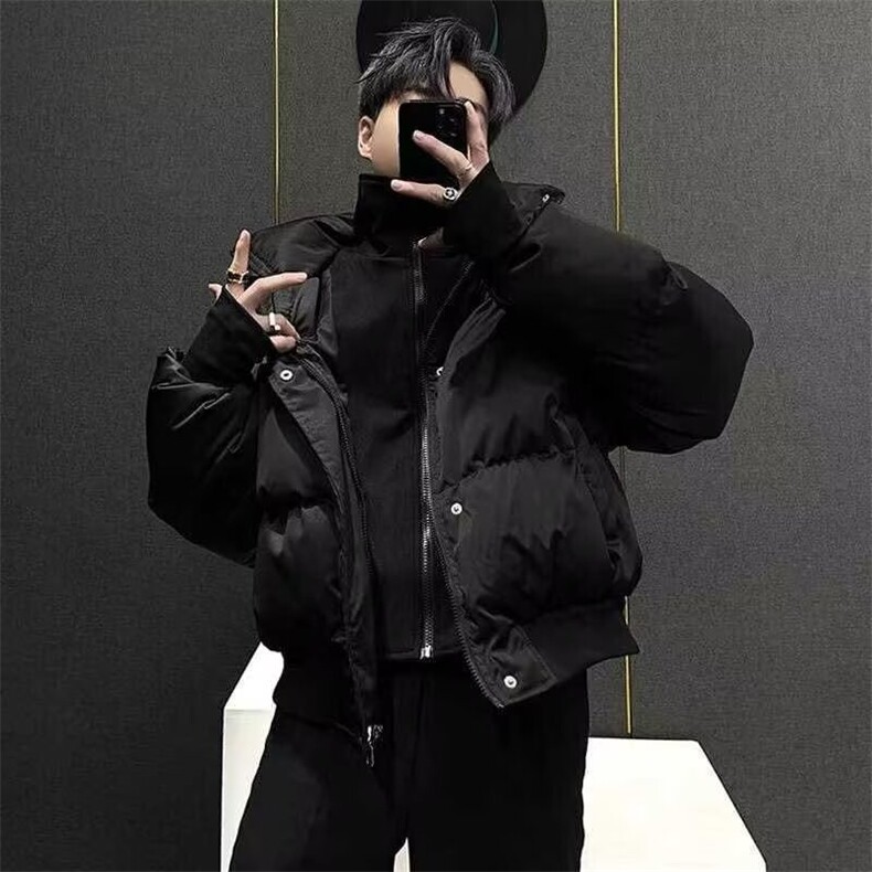 新款韩版假两件棉服男痞帅黑色加绒加厚立领棉衣休闲外套 MC440图片