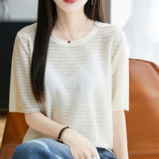 夏季新品2025韩版天丝半袖女圆领镂空大码短袖T恤女气质，女装针织衫/毛衣，唐诺