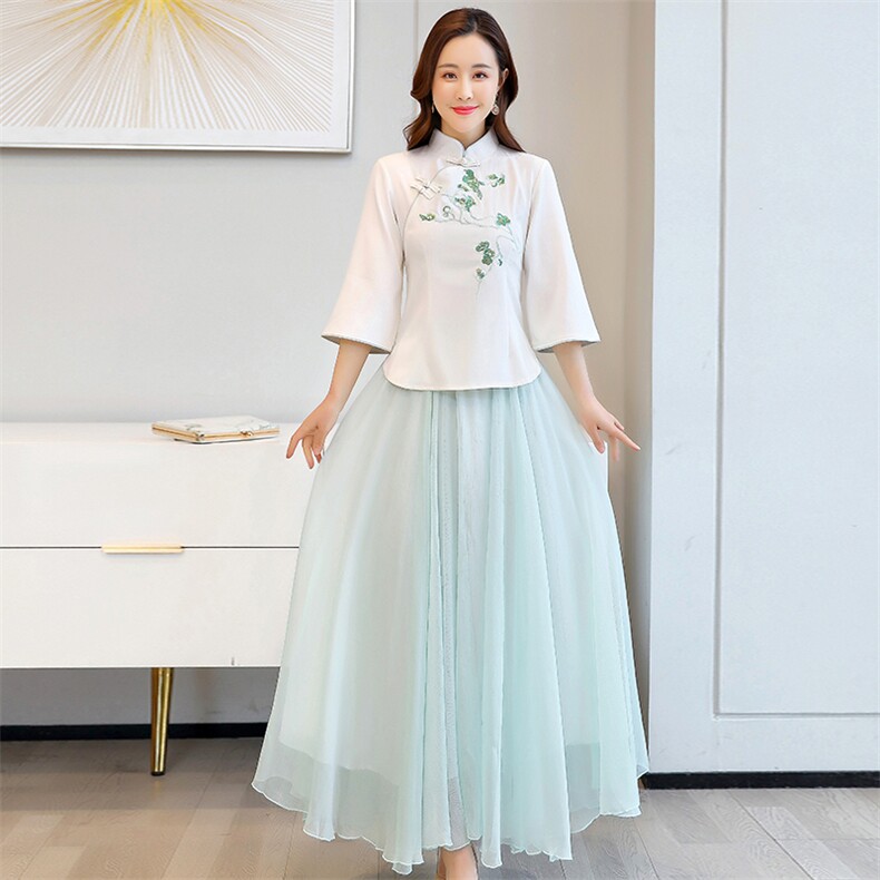 新中式女士汉服民国女学生旗袍上衣雪纺半身裙茶艺服旗袍，女装连衣裙，芷墨服饰