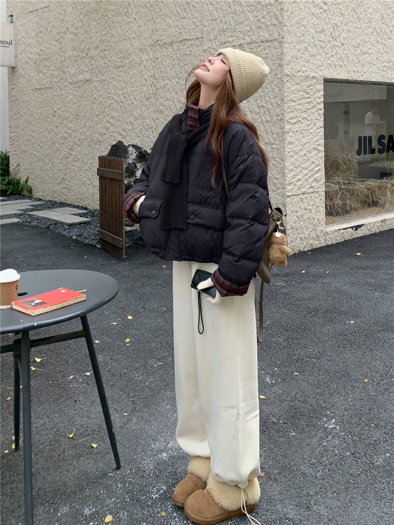 现货新款韩版宽松立领撞色格子袖口羽绒服短款外套面包服,女装羽绒服,网红馆