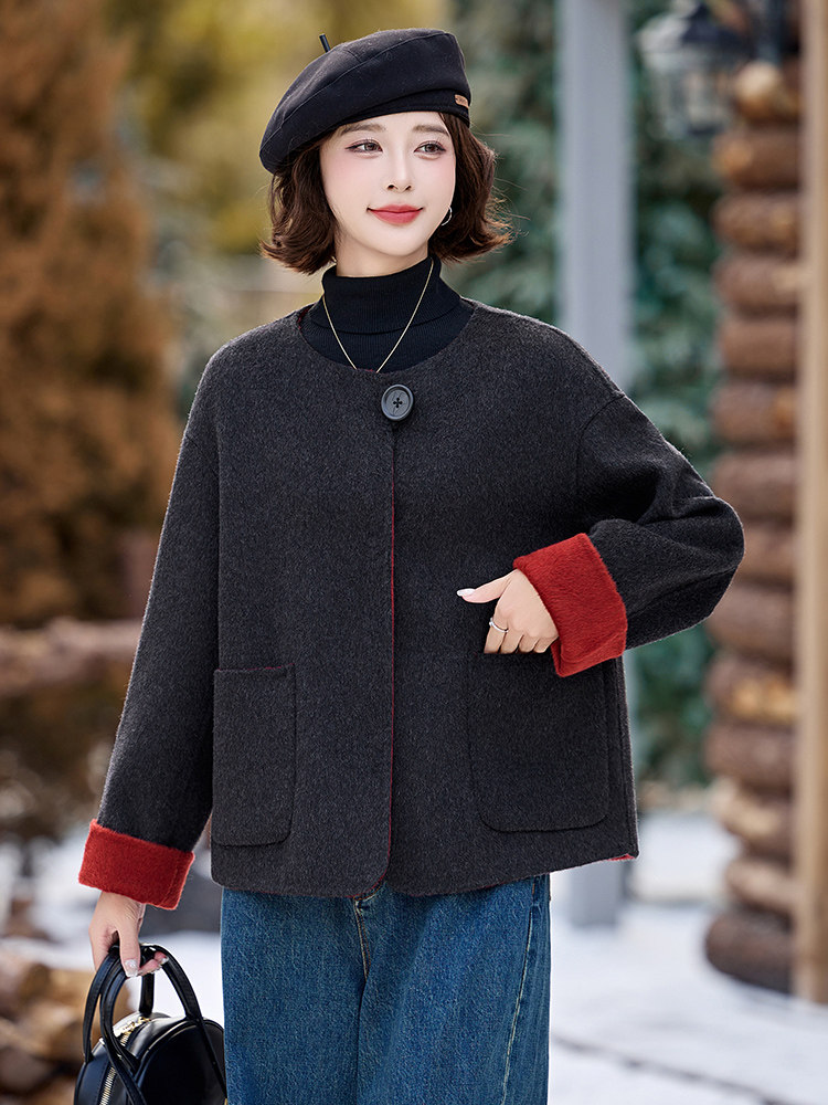 极简风撞色绒双面羊绒大衣女短款宽松显瘦气质一粒扣毛呢外套,女装双面呢大衣,衣之秀