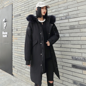 现货足 连帽大毛领织带大长款情侣学生团体服团建服纯色羽绒服图片
