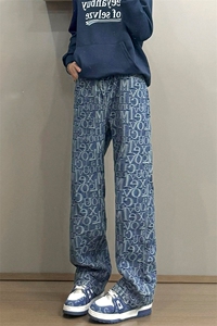B221 美式ins高街暗黑宽松直筒提花牛仔裤LK24395-特P52控88图片
