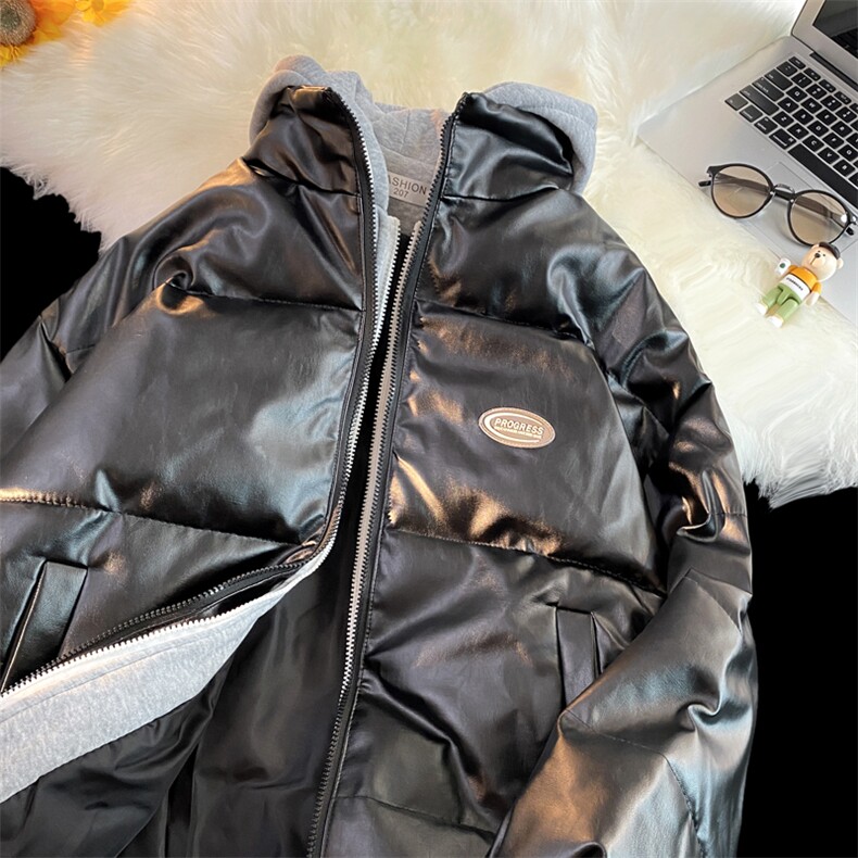 港风假两件情侣装棉衣男PU皮棉服面包服棉袄3303-P80控118,男装棉衣,星座207