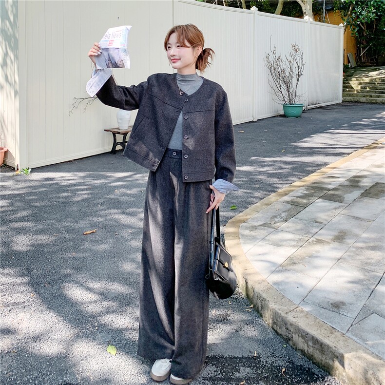 复古条纹拼接牛仔外套阔腿裤两件套女2025年秋季新款时尚休闲套装,女装套装/套裙,2B142