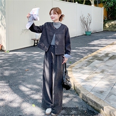 复古条纹拼接牛仔外套阔腿裤两件套女2025年秋季新款时尚休闲套装，女装套装/套裙，2B142