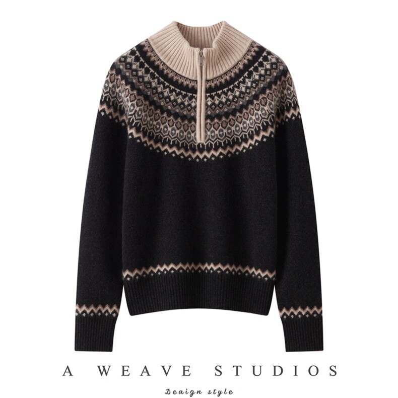 2025年秋季常规款长袖加厚柔软有弹力舒适时尚百搭通勤提花羊绒衫，女装针织衫/毛衣，镁纯羊绒