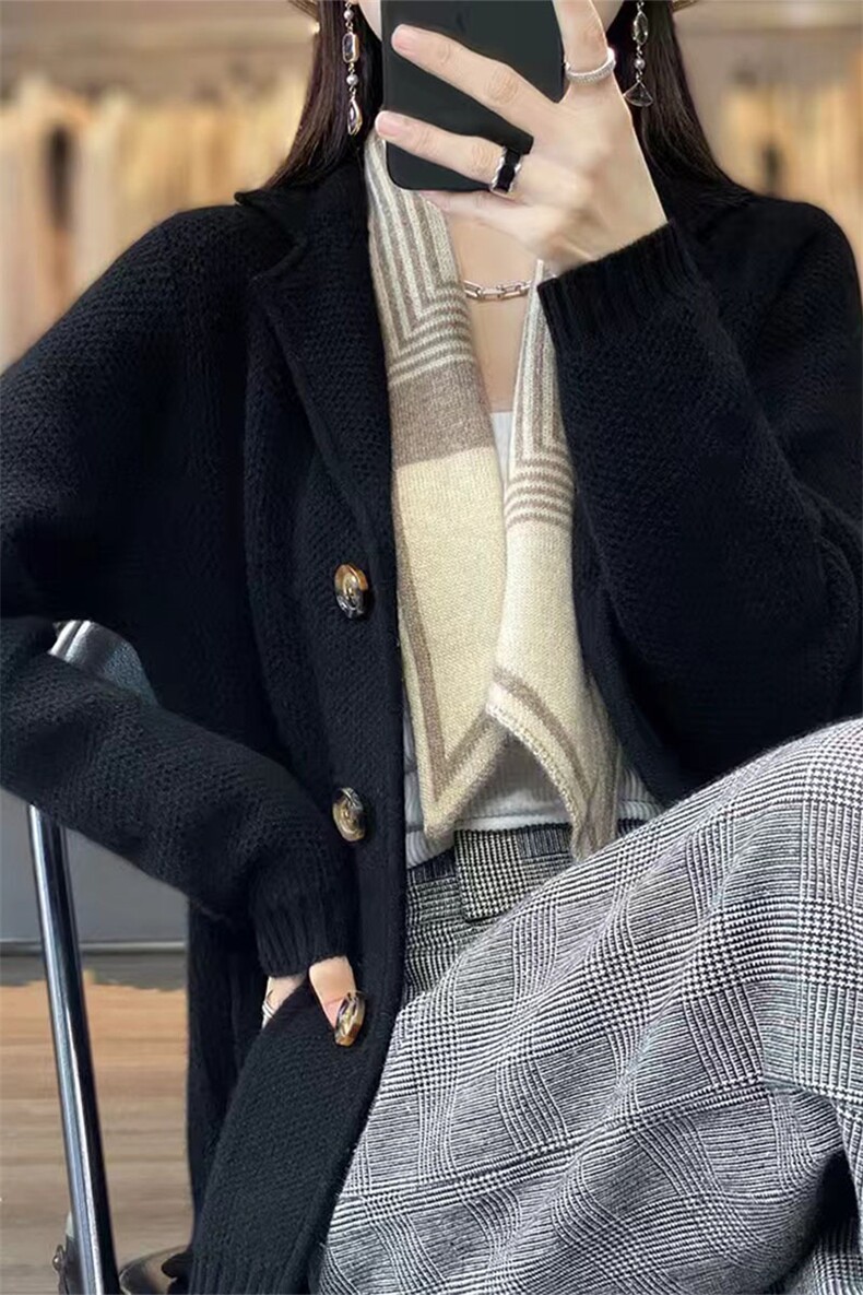 西装领羊毛开衫女重磅加厚宽松慵懒风针织外套毛衣秋冬新款羊绒衫,针织衫/毛衣,萱芳婷羊绒