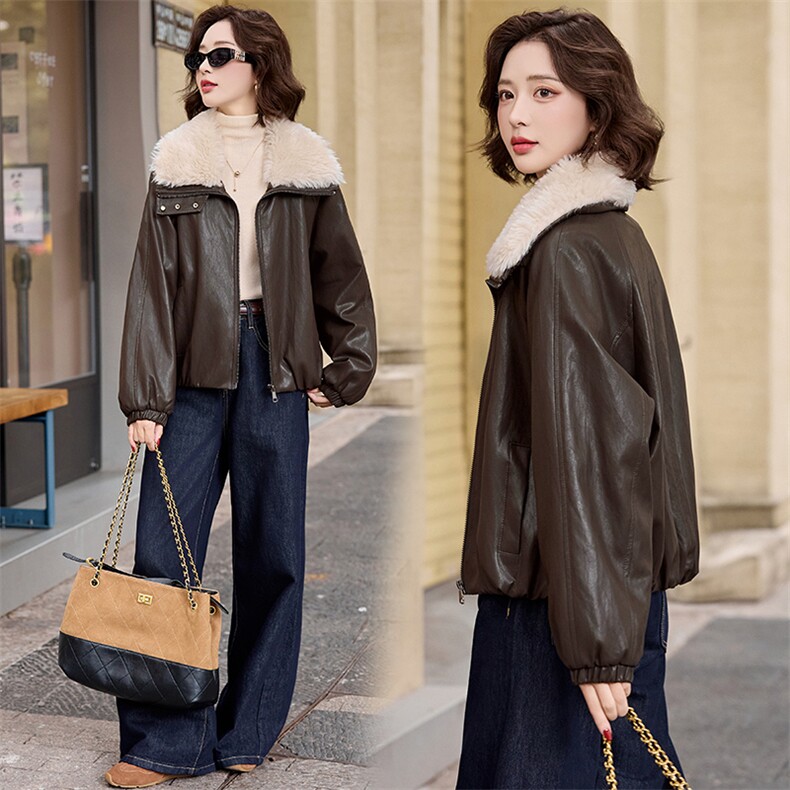 2025冬装新款简约时尚加绒皮衣外套，女装皮衣，魅丽静蓝