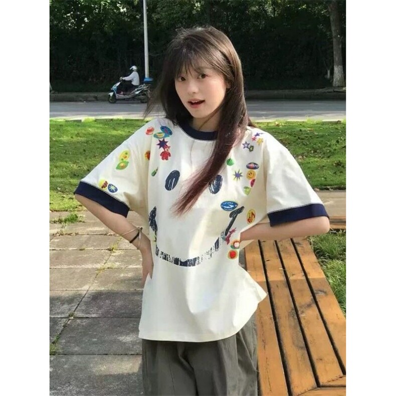 H0998-P35现货#原版打网做法包边拉肩休闲宽松短袖T恤图片