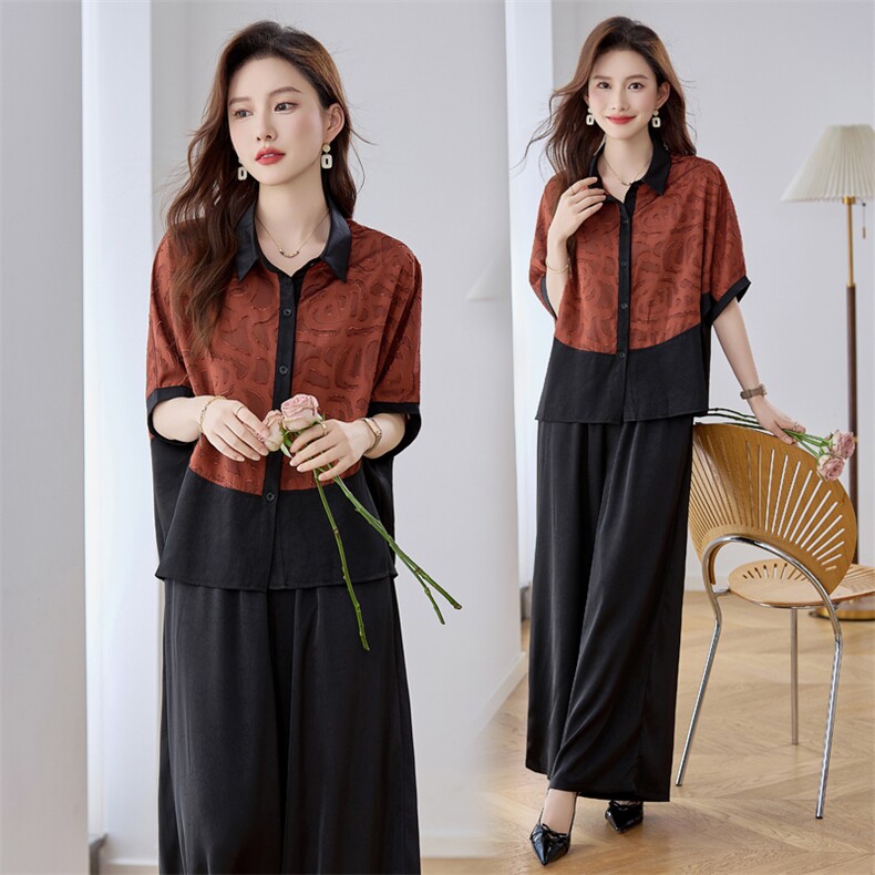 中年妈妈休闲宽松套装女2025夏季新款拼色短袖上衣阔腿长裤两件套，女装套装/套裙，魅衣本色