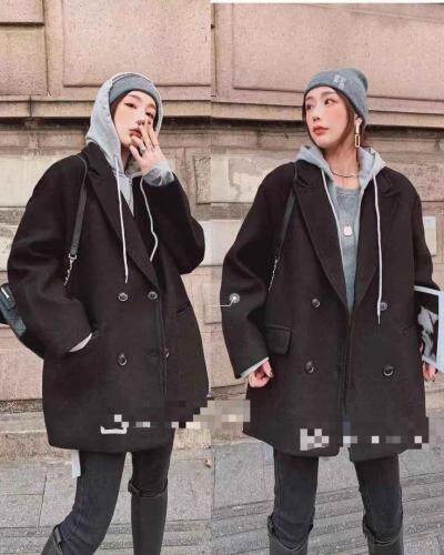 戴帽羊毛尼布外套，女装，TANG.+