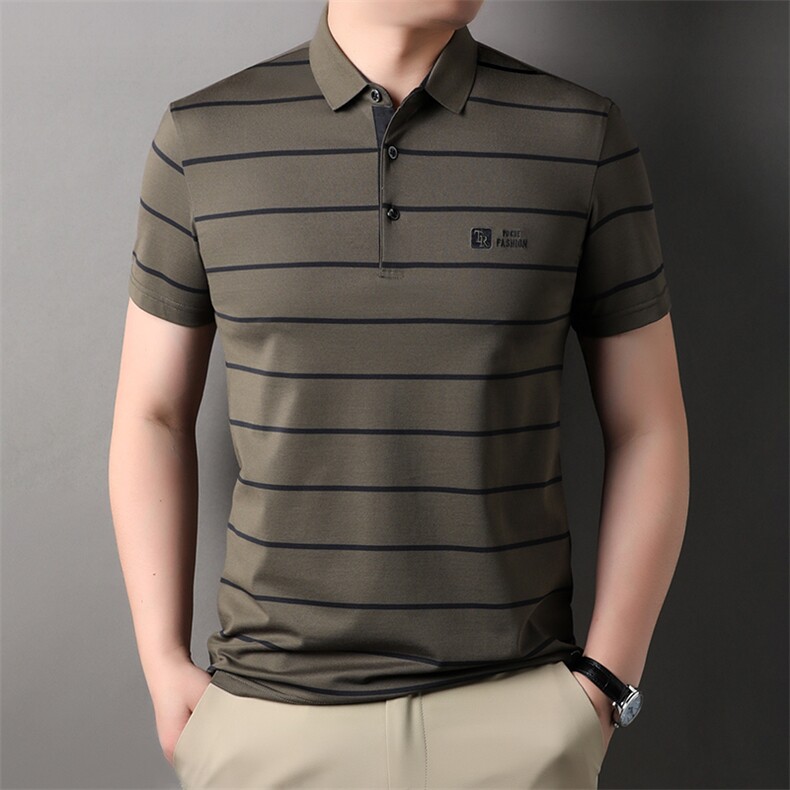 中年男士冰丝凉感宽松短袖T恤条纹Polo衫夏装薄款半袖免烫体恤,男装Polo衫,电商B212（原钱塘6029）