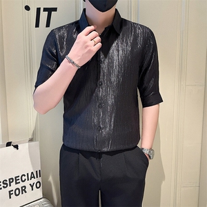 店主风社会小伙男士纯色七分袖衬衫男简约款上衣301A-1/CS560/P55图片